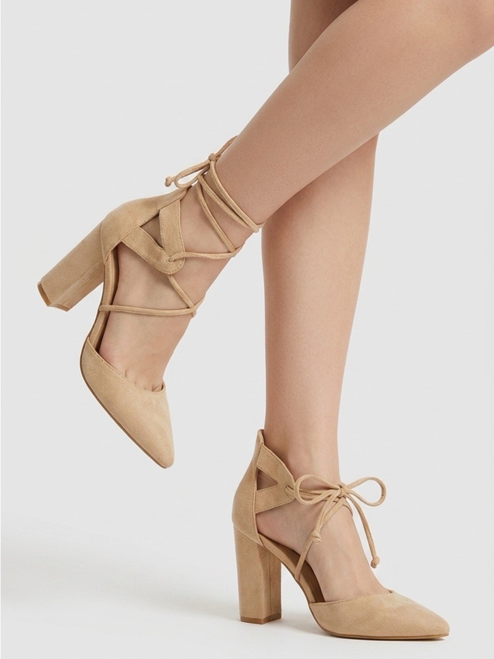 2109 - Suede Lace-Up Pointed Toe Block Heels in Beige